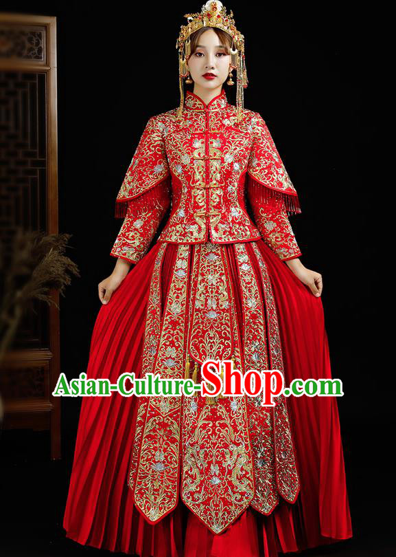 Chinese Ancient Bride Embroidered Diamante Red Xiu He Suit Wedding Costumes Blouse and Dress Traditional Bottom Drawer for Women