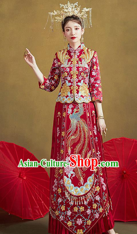 Chinese Traditional Ancient Bride Embroidered Costumes Drilling Phoenix Peony Red Xiu He Suit Wedding Blouse and Dress Bottom Drawer for Women