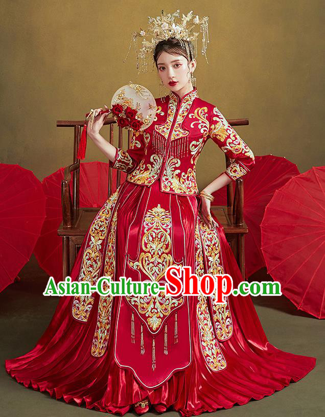 Chinese Ancient Bride Embroidered Costumes Drilling Red Xiu He Suit Wedding Blouse and Dress Traditional Bottom Drawer for Women