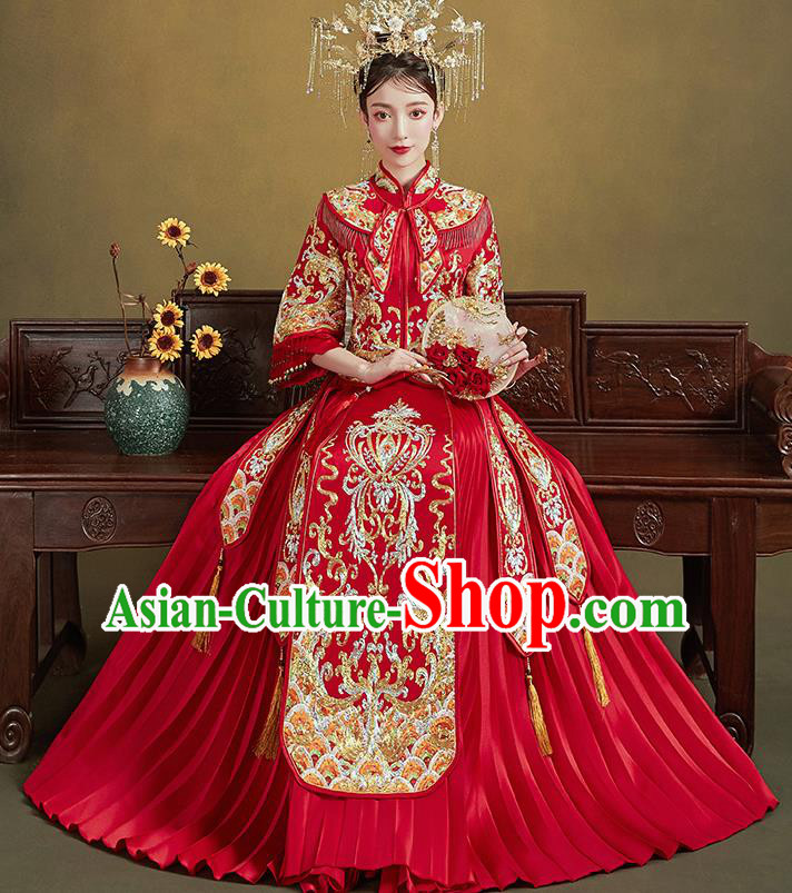 Chinese Ancient Bride Embroidered Drilling Costumes Red Xiu He Suit Wedding Blouse and Dress Traditional Bottom Drawer for Women