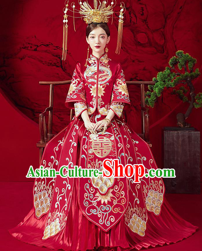 Chinese Ancient Embroidered Phoenix Lotus Blouse and Dress Traditional Bride Red Xiu He Suit Wedding Costumes for Women