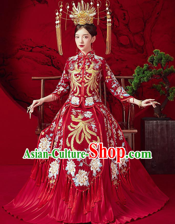 Chinese Ancient Embroidered Phoenix Peony Blouse and Dress Traditional Bride Red Xiu He Suit Wedding Costumes for Women