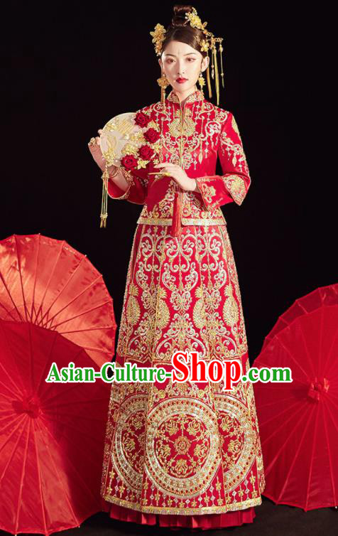 Chinese Ancient Embroidered Drilling Blouse and Dress Traditional Bride Red Xiu He Suit Wedding Costumes for Women