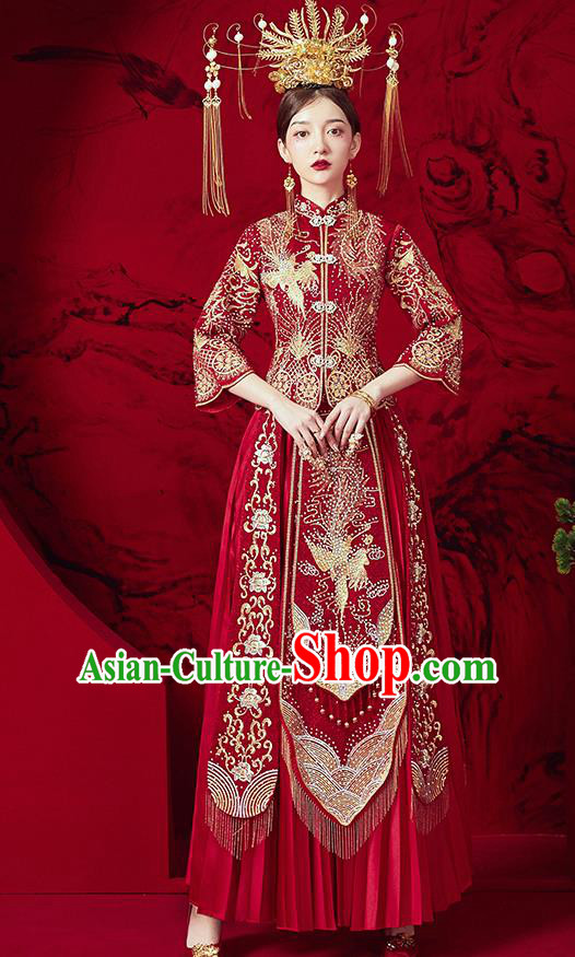 Chinese Ancient Embroidered Phoenix Blouse and Dress Traditional Bride Red Drilling Xiu He Suit Wedding Costumes for Women