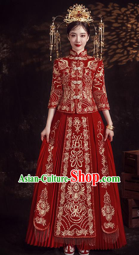 Chinese Ancient Bride Embroidered Diamante Red Xiu He Suit Wedding Costumes Blouse and Dress Traditional Bottom Drawer for Women