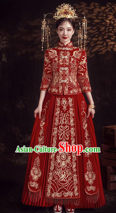 Chinese Ancient Bride Embroidered Diamante Red Xiu He Suit Wedding Costumes Blouse and Dress Traditional Bottom Drawer for Women