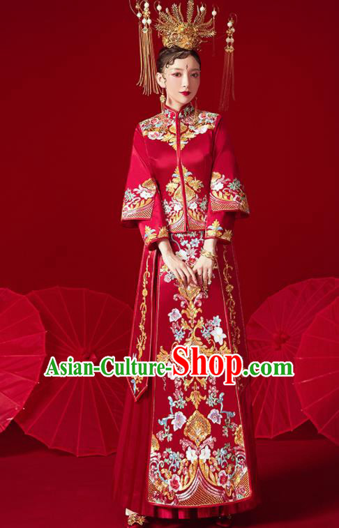 Chinese Ancient Embroidered Flowers Red Blouse and Dress Traditional Bride Xiu He Suit Wedding Costumes for Women