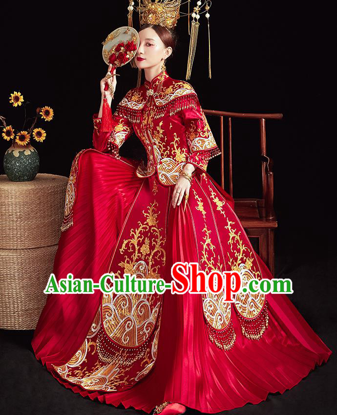 Chinese Ancient Embroidered Waves Red Blouse and Dress Traditional Bride Xiu He Suit Wedding Costumes for Women