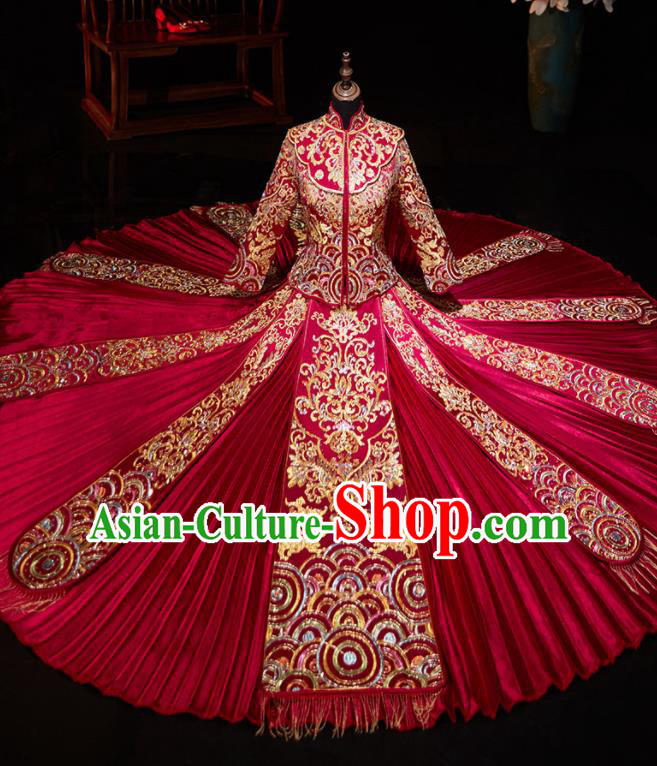 Chinese Ancient Embroidered Drilling Red Blouse and Dress Traditional Bride Xiu He Suit Wedding Costumes for Women