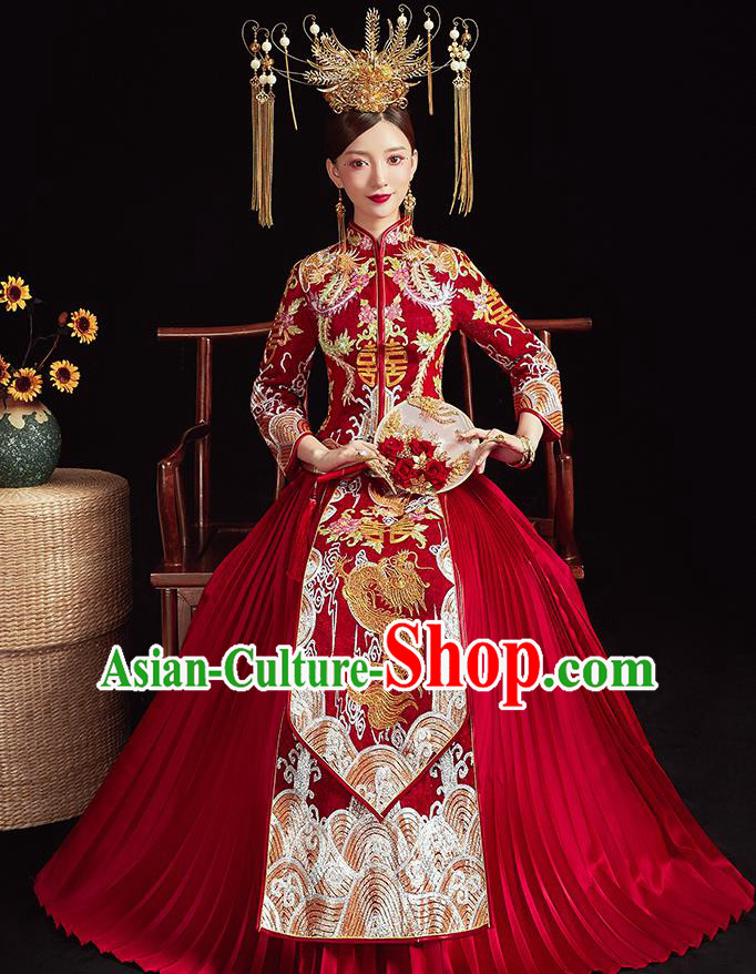 Chinese Ancient Embroidered Phoenix Dragon Drilling Blouse and Dress Traditional Bride Xiu He Suit Wedding Costumes for Women