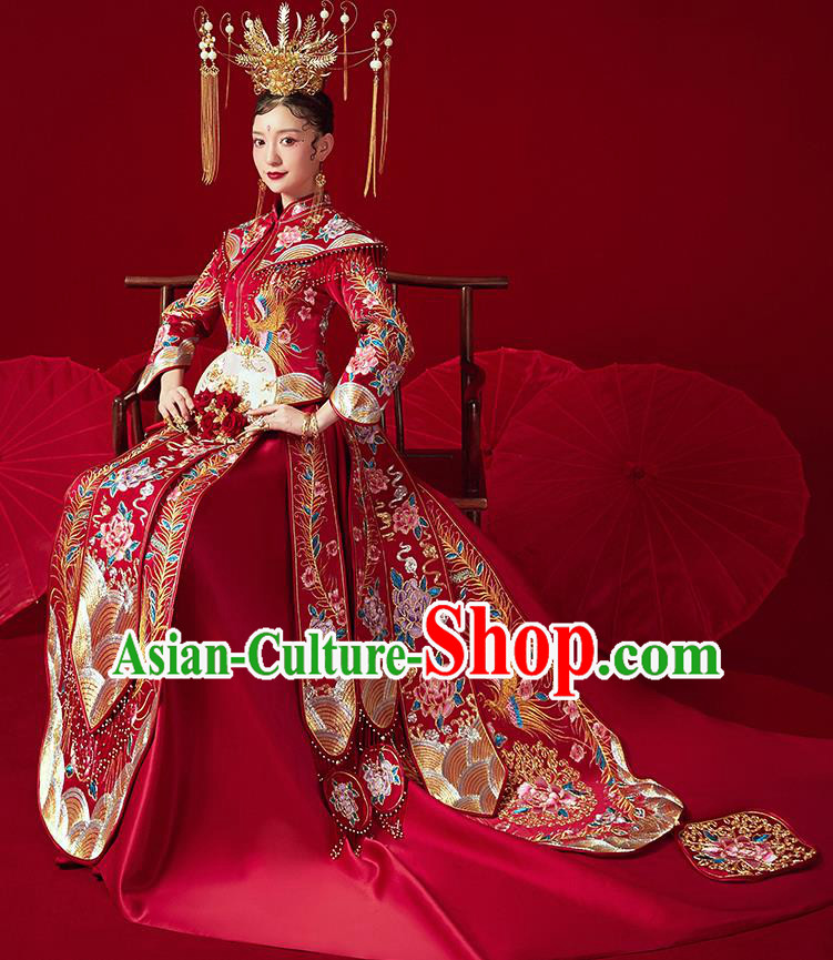 Chinese Ancient Embroidered Peony Flowers Drilling Blouse and Dress Traditional Bride Xiu He Suit Wedding Costumes for Women