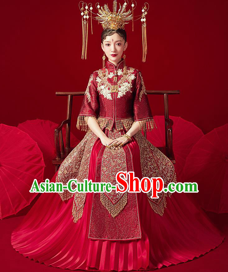 Chinese Ancient Embroidered Drilling Blouse and Dress Traditional Bride Xiu He Suit Wedding Costumes for Women