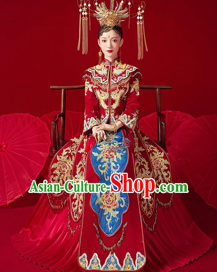 Chinese Ancient Embroidered Phoenix Drilling Peony Blouse and Dress Traditional Bride Xiu He Suit Wedding Costumes for Women