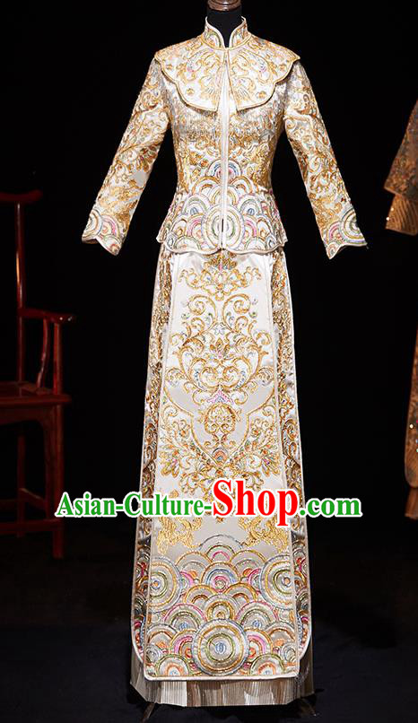 Chinese Ancient Embroidered Drilling Light Golden Blouse and Dress Traditional Bride Xiu He Suit Wedding Costumes for Women