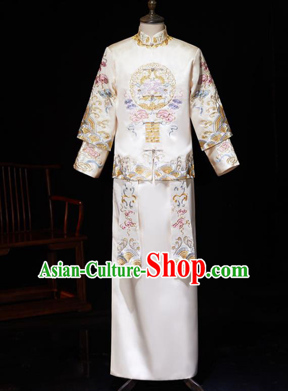 Chinese Ancient Bridegroom Embroidered Peony White Mandarin Jacket and Gown Traditional Wedding Tang Suit Costumes for Men