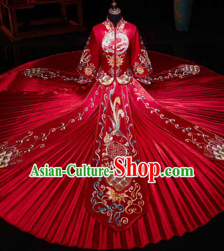 Chinese Ancient Embroidered Phoenix Lotus Red Blouse and Dress Traditional Bride Xiu He Suit Wedding Costumes for Women