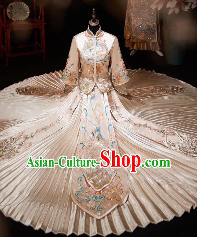 Chinese Ancient Embroidered Phoenix Peony Champagne Blouse and Dress Traditional Bride Xiu He Suit Wedding Costumes for Women