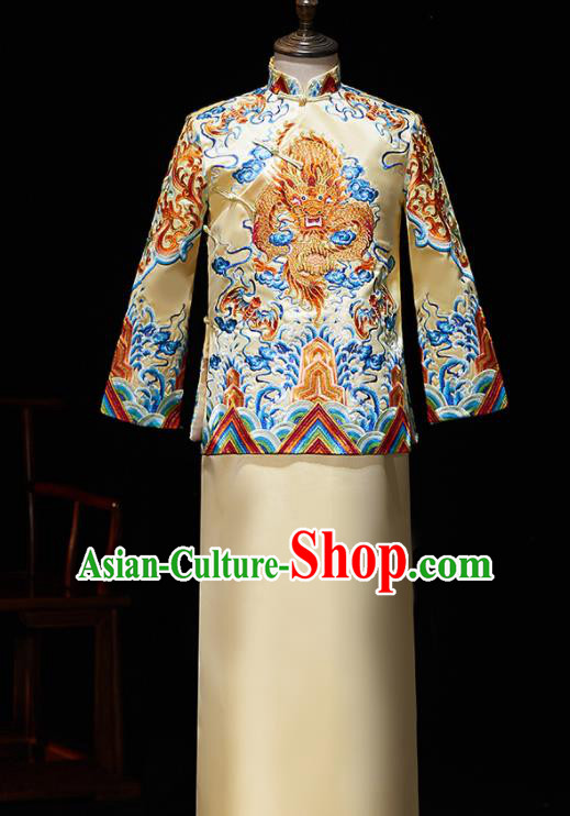 Chinese Ancient Bridegroom Embroidered Dragon Golden Mandarin Jacket and Gown Traditional Wedding Tang Suit Costumes for Men