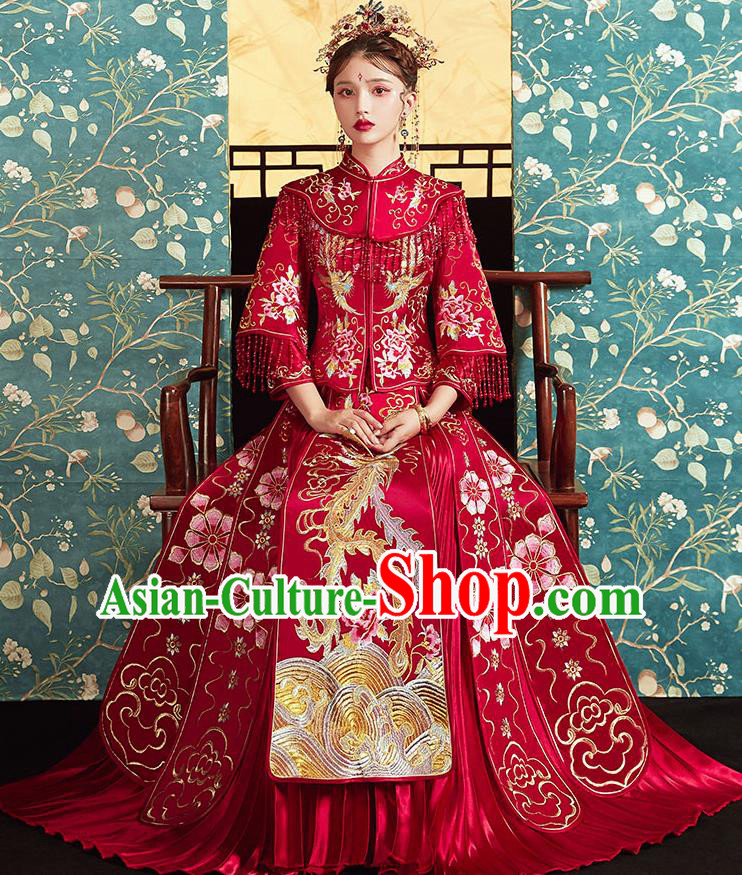 Chinese Ancient Embroidered Phoenix Peony Blouse and Dress Traditional Bride Red Xiu He Suit Wedding Costumes for Women