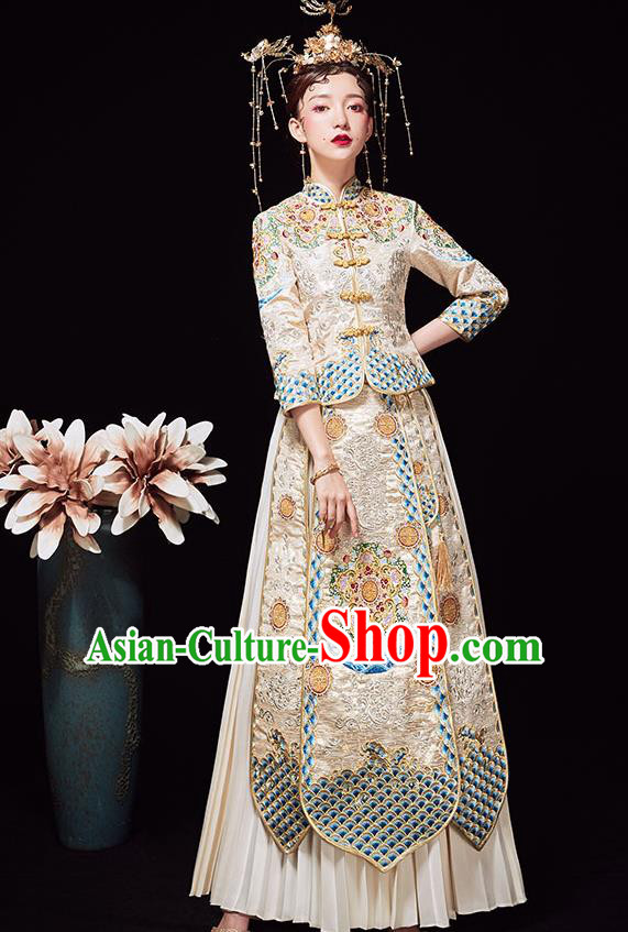 Chinese Ancient Wedding Embroidered Light Golden Blouse and Dress Traditional Bride Xiu He Suit Costumes for Women