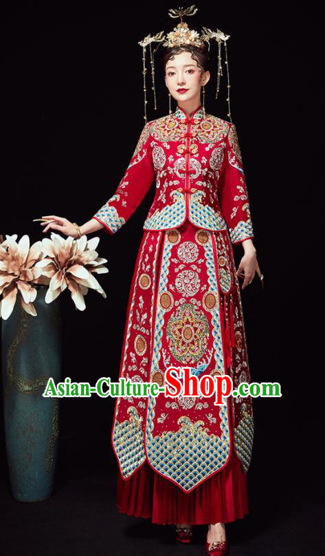 Chinese Ancient Wedding Embroidered Red Blouse and Dress Traditional Bride Xiu He Suit Costumes for Women