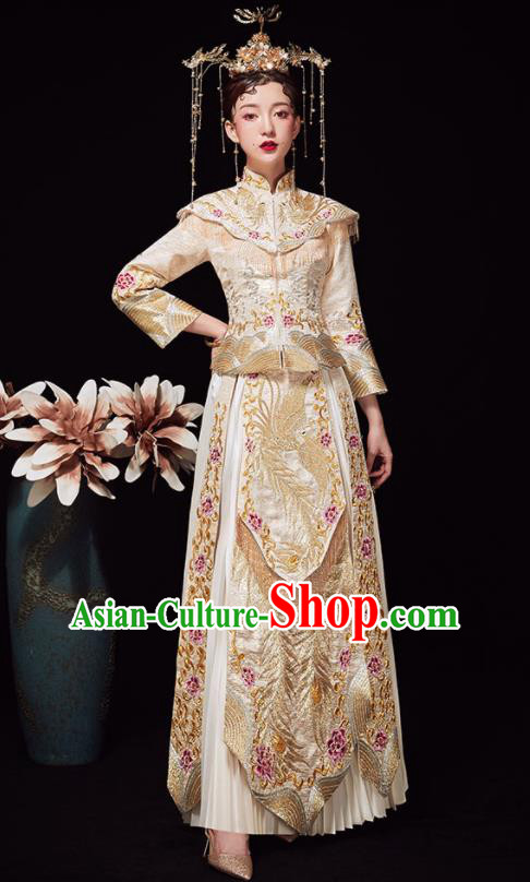 Chinese Ancient Wedding Embroidered Phoenix Peony Golden Blouse and Dress Traditional Bride Xiu He Suit Costumes for Women