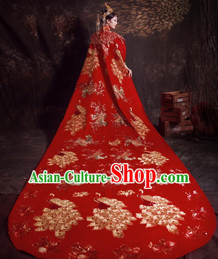 Chinese Ancient Bride Embroidered Peacock Trailing Cape Wedding Costumes Traditional Red Bottom Drawer for Women