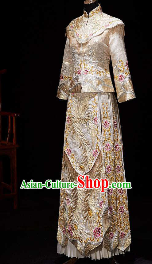 Chinese Ancient Embroidered Phoenix Peony Light Golden Blouse and Dress Traditional Bride Xiu He Suit Wedding Costumes for Women