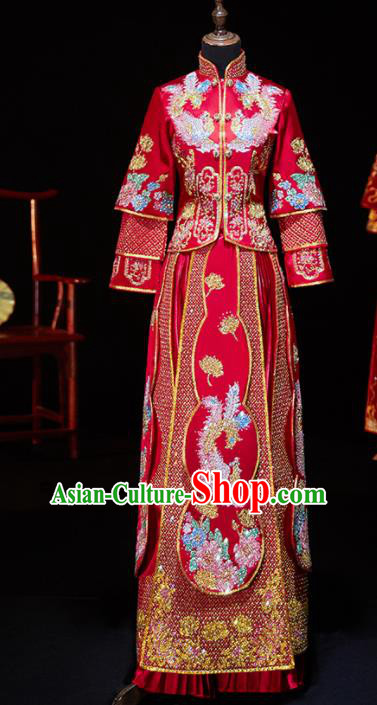 Chinese Ancient Bride Embroidered Diamante Phoenix Xiu He Suit Wedding Costumes Traditional Red Bottom Drawer for Women