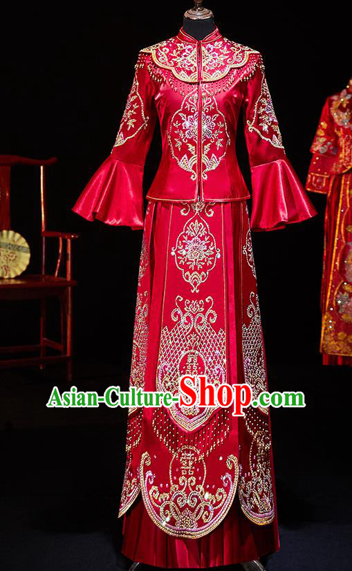 Chinese Ancient Bride Embroidered Diamante Xiu He Suit Wedding Costumes Traditional Red Bottom Drawer for Women