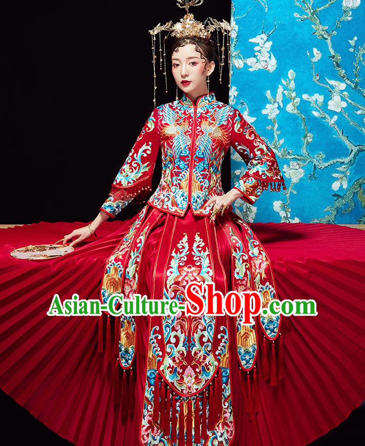 Chinese Ancient Wedding Embroidered Flowers Red Blouse and Dress Traditional Bride Xiu He Suit Costumes for Women
