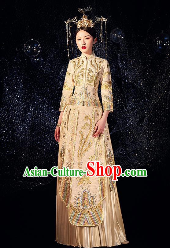 Chinese Ancient Wedding Embroidered Phoenix Golden Blouse and Dress Traditional Bride Xiu He Suit Costumes for Women