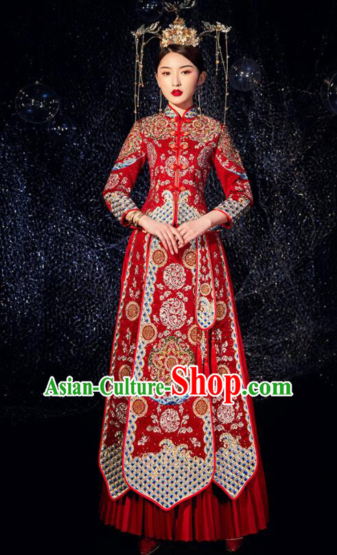 Chinese Ancient Wedding Embroidered Drilling Flowers Red Blouse and Dress Traditional Bride Xiu He Suit Costumes for Women