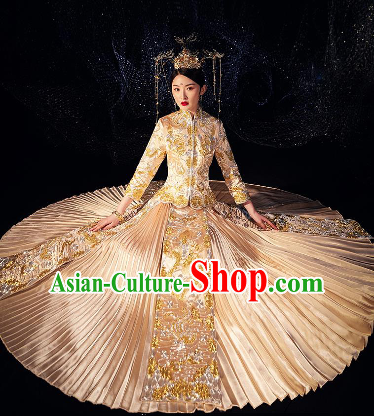 Chinese Ancient Wedding Embroidered Dragon Golden Blouse and Dress Traditional Bride Xiu He Suit Costumes for Women