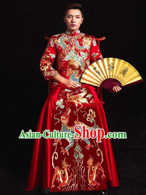 Chinese Ancient Bridegroom Embroidered Dragon Kylin Red Mandarin Jacket and Gown Traditional Wedding Tang Suit Costumes for Men