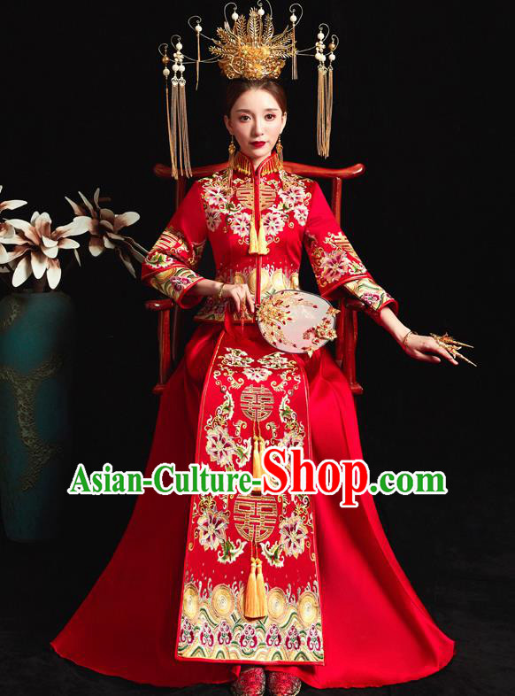 Chinese Ancient Wedding Embroidered Peony Flowers Red Blouse and Dress Traditional Bride Xiu He Suit Costumes for Women