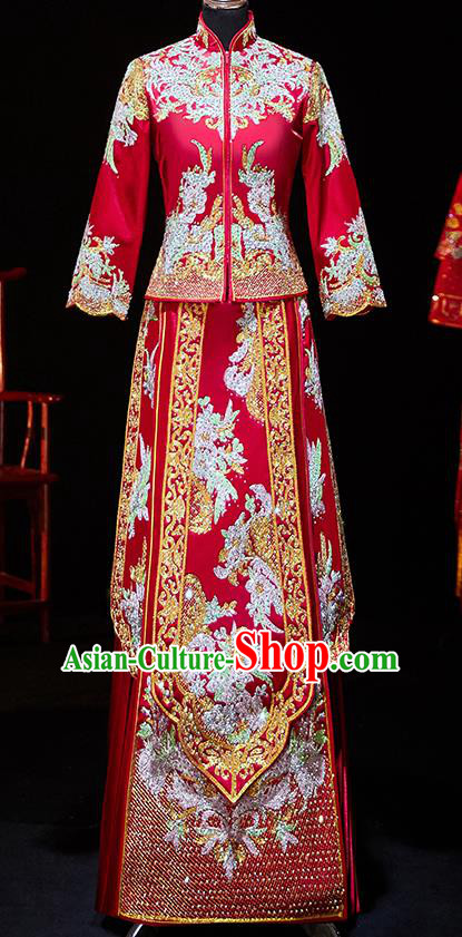 Chinese Ancient Bride Embroidered Diamante Blouse and Dress Xiu He Suit Wedding Costumes Traditional Red Bottom Drawer for Women