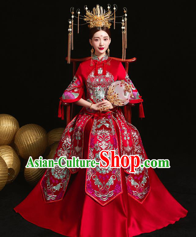 Chinese Ancient Wedding Embroidered Red Blouse and Dress Traditional Bride Xiu He Suit Costumes for Women