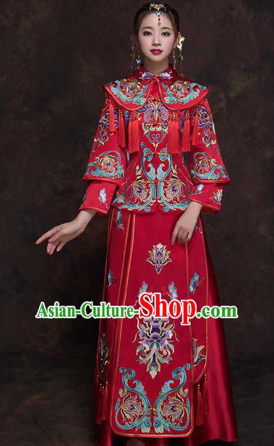 Chinese Ancient Wedding Embroidered Lotus Red Blouse and Dress Traditional Bride Xiu He Suit Costumes for Women