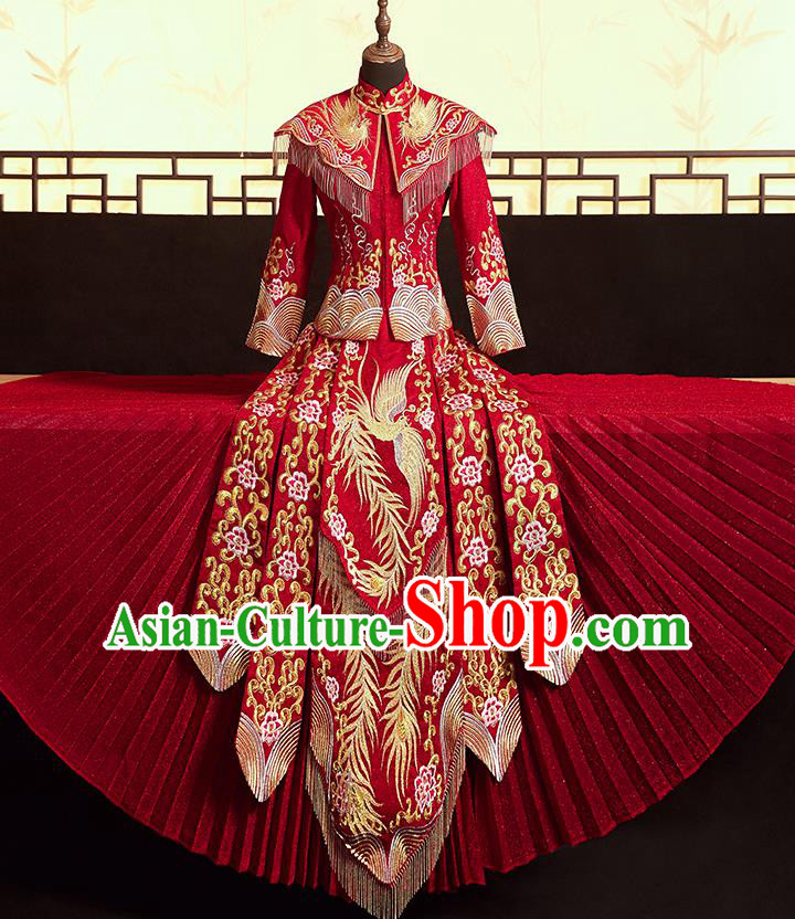 Chinese Ancient Bride Embroidered Phoenix Peony Blouse and Dress Xiu He Suit Wedding Costumes Traditional Red Bottom Drawer for Women