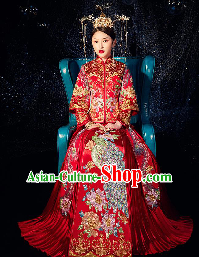 Chinese Ancient Wedding Embroidered Drilling Peacock Peony Red Blouse and Dress Traditional Bride Xiu He Suit Costumes for Women