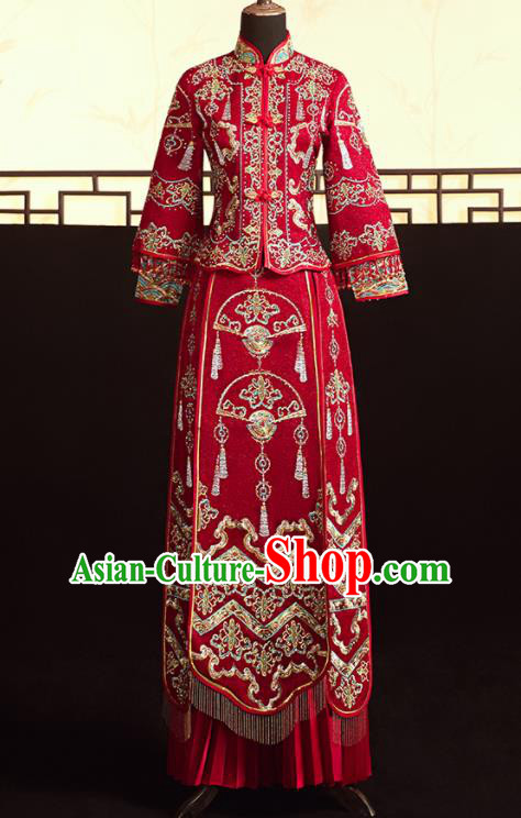 Chinese Ancient Bride Embroidered Fan Blouse and Dress Diamante Xiu He Suit Wedding Costumes Traditional Red Bottom Drawer for Women