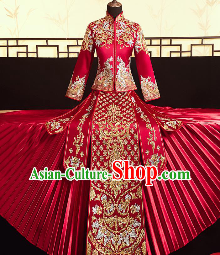 Chinese Ancient Bride Embroidered Flowers Blouse and Dress Diamante Xiu He Suit Wedding Costumes Traditional Red Bottom Drawer for Women