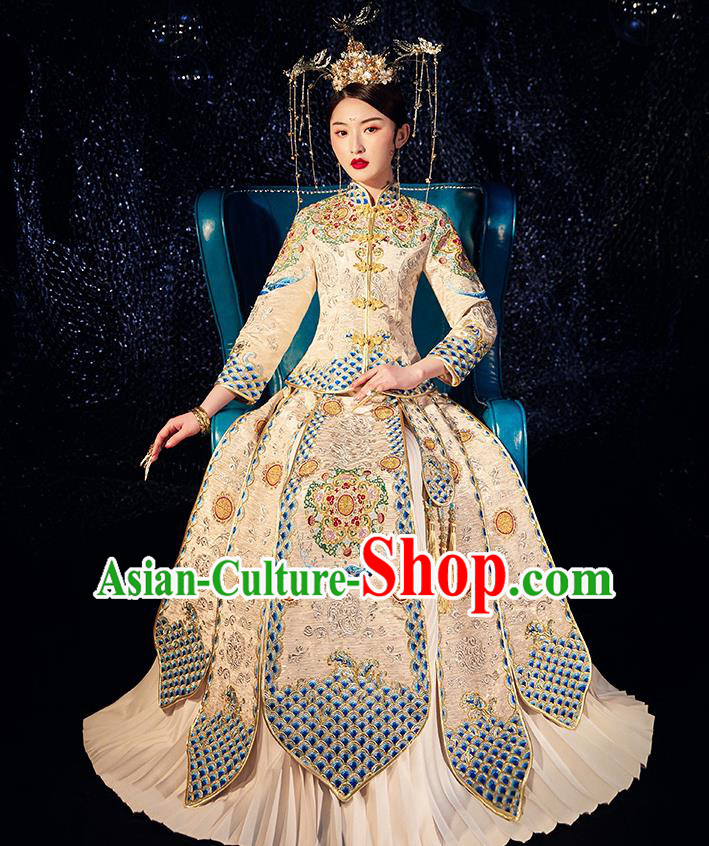 Chinese Ancient Wedding Embroidered Diamante Peony Golden Blouse and Dress Traditional Bride Xiu He Suit Costumes for Women