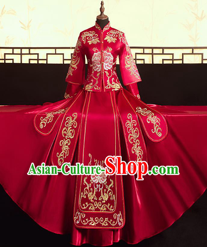 Chinese Ancient Bride Embroidered Peony Blouse and Dress Diamante Xiu He Suit Wedding Costumes Traditional Red Bottom Drawer for Women