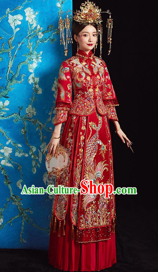 Chinese Ancient Bride Embroidered Phoenix Blouse and Dress Diamante Xiu He Suit Wedding Costumes Traditional Red Bottom Drawer for Women