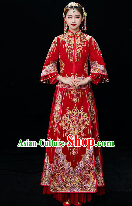 Chinese Ancient Bride Embroidered Blouse and Dress Diamante Xiu He Suit Wedding Costumes Traditional Red Bottom Drawer for Women