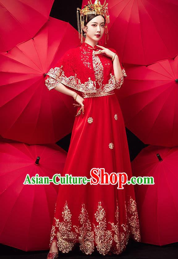 Chinese Ancient Bride Embroidered Red Veil Blouse and Dress Traditional Xiu He Suit Wedding Costumes for Women