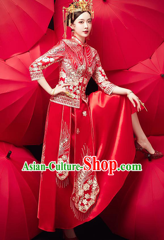 Chinese Ancient Bride Embroidered Flowers Red Blouse and Dress Traditional Xiu He Suit Wedding Costumes for Women