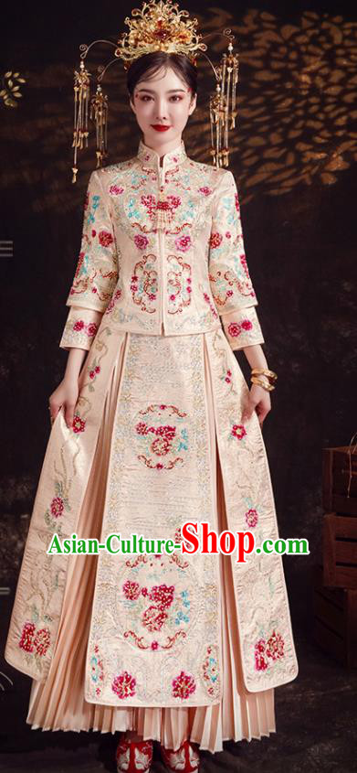 Chinese Ancient Bride Embroidered Diamante Peony Champagne Xiu He Suit Wedding Costumes Blouse and Dress Traditional Bottom Drawer for Women